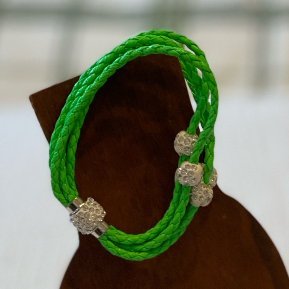 Green Braided leather multi strand bracelet rhinestone steel magnetic closure